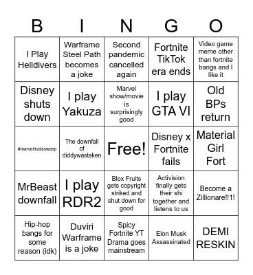 Totally Epic 2025 Predictions!!1!!! Bingo Card
