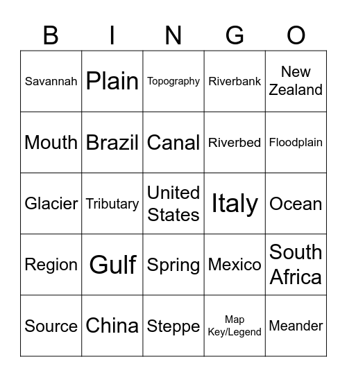 Year 8 Geography - Term 1 Bingo Card