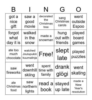 What did you do on your holiday? Bingo Card