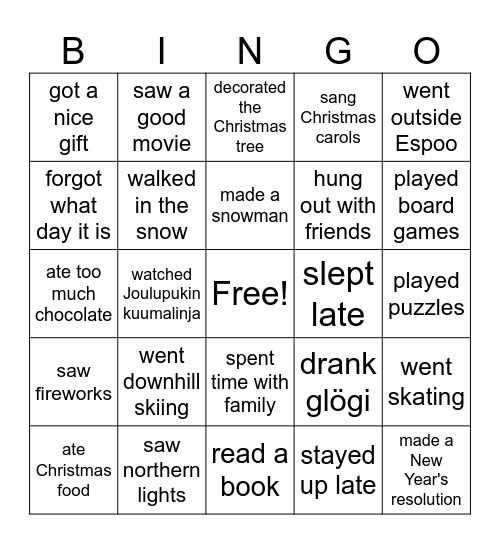 What did you do on your holiday? Bingo Card