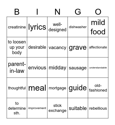 Vocabulary revision Bingo Card