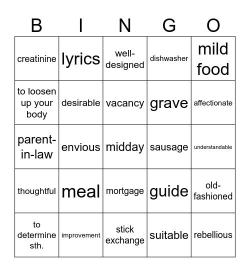 Vocabulary revision Bingo Card