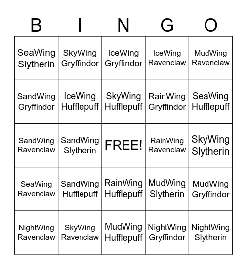 Wings of Fire Hogwart Houses Bingo Card