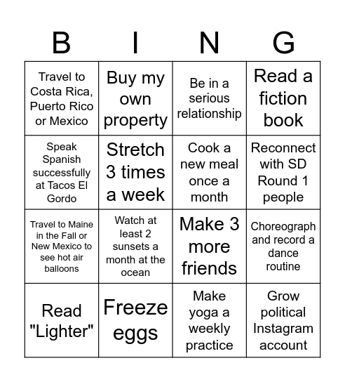 2025 Goals Bingo Card