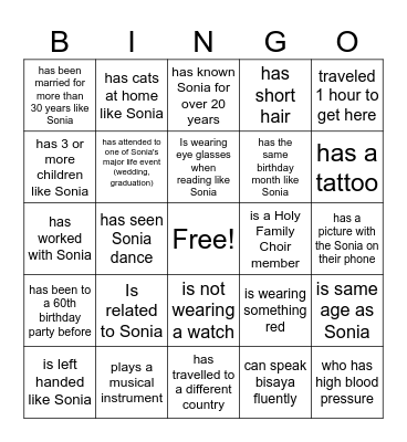 Sonia @ 60 Bingo Card
