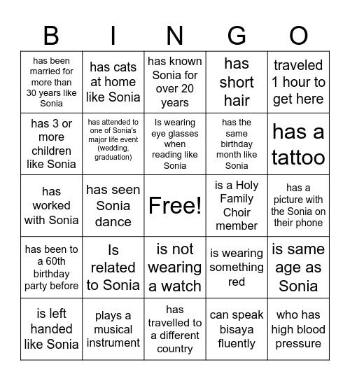 Sonia @ 60 Bingo Card