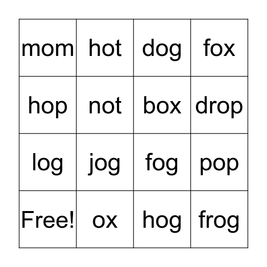 Short o Bingo Card