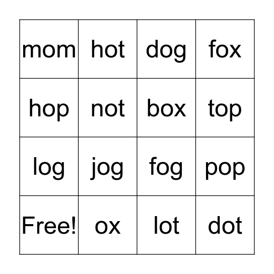 Short o Bingo Card