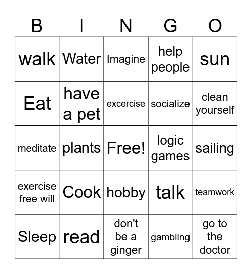 Wellbeing Bingo Card