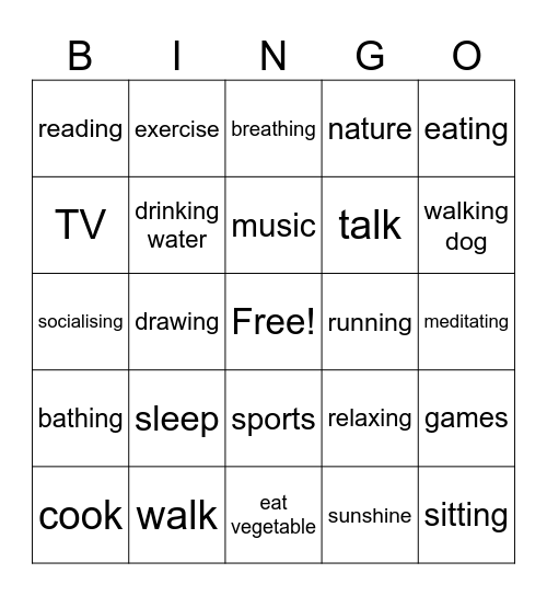 Wellbeing  Bingo Card