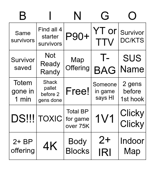 DBD KILLER Bingo Card