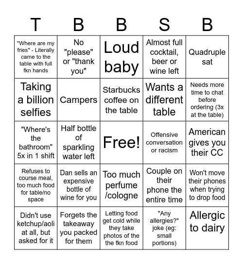TBB Shift Bingo Card