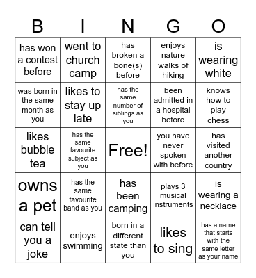 YC Ice-breaker Bingo Card
