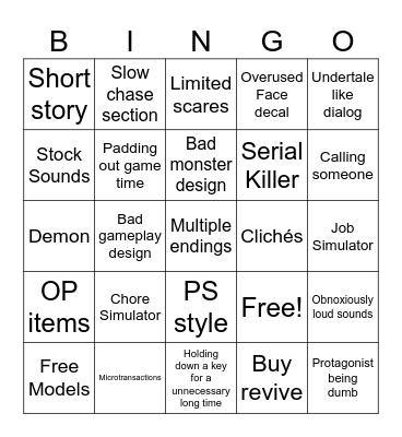 Roblox Horror Games Bingo Card