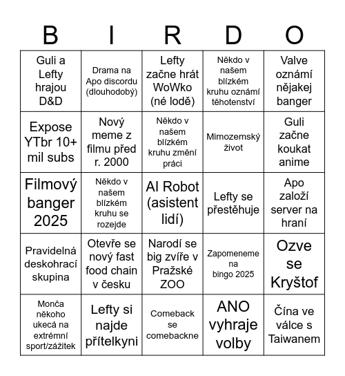 Bingo něco se stane 2025 Bingo Card