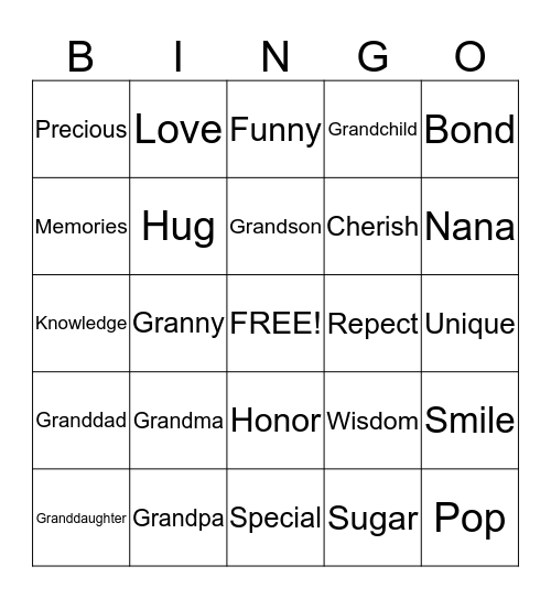 Grandparents And Grandchildren Bingo Card