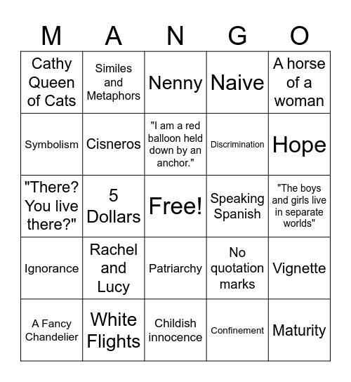 The House On Mango Street pgs. 1-25 Bingo Card