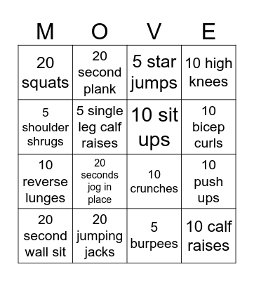 Fitness Bingo Card