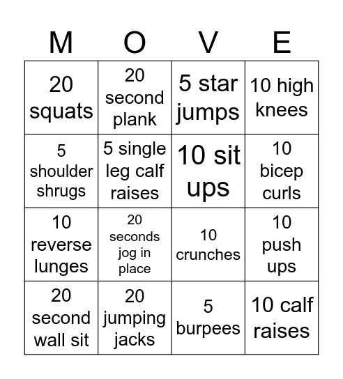 Fitness Bingo Card