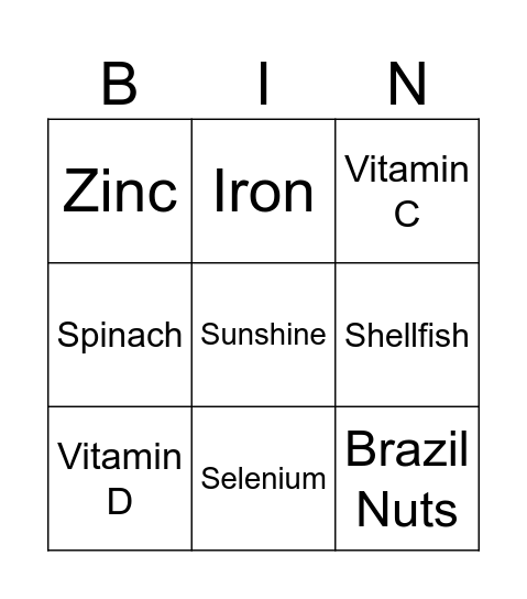 Nutrient Bingo Card