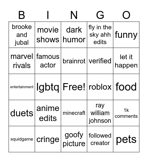 Tiktok Bingo Card