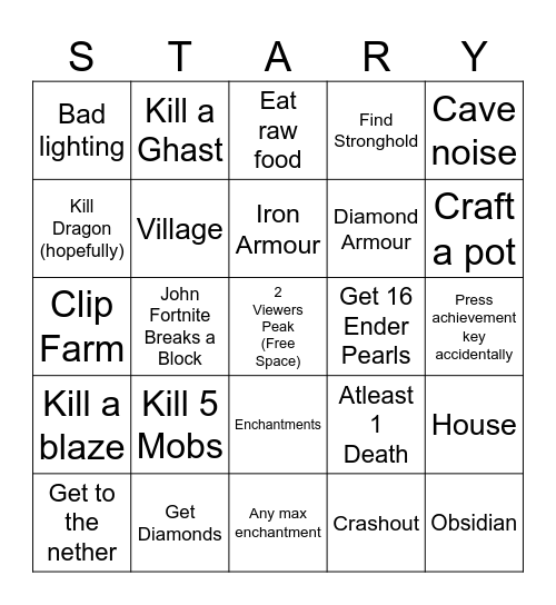 Minecraft 1.8.9 Bingo Card