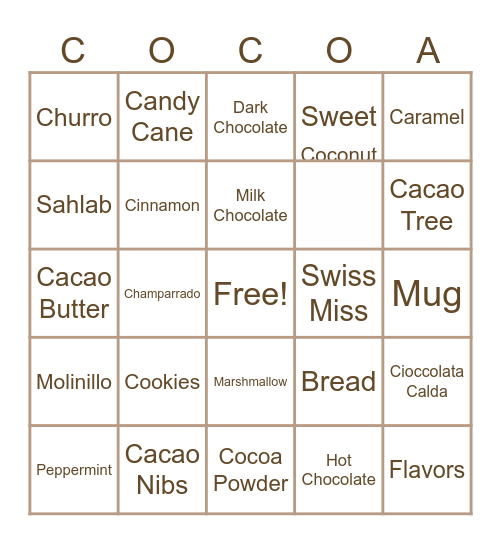 Hot Chocolate Bingo Card