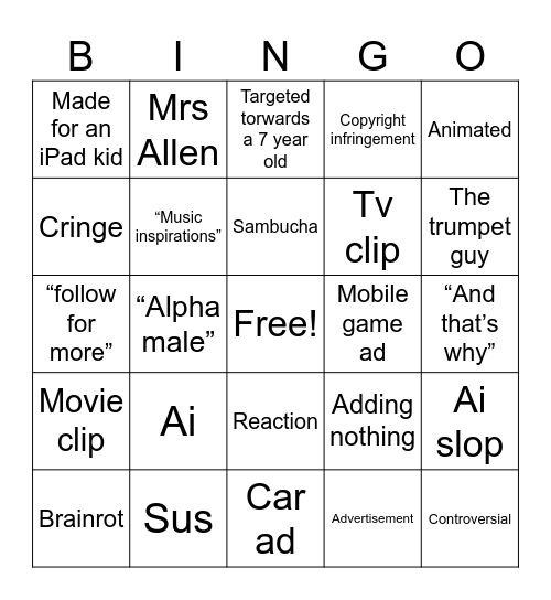 Yt shorts bingo Card