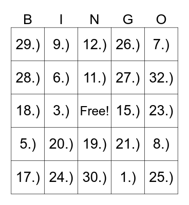 Ice Cream Bingo Card