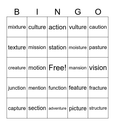 ture, tion, sion Bingo Card