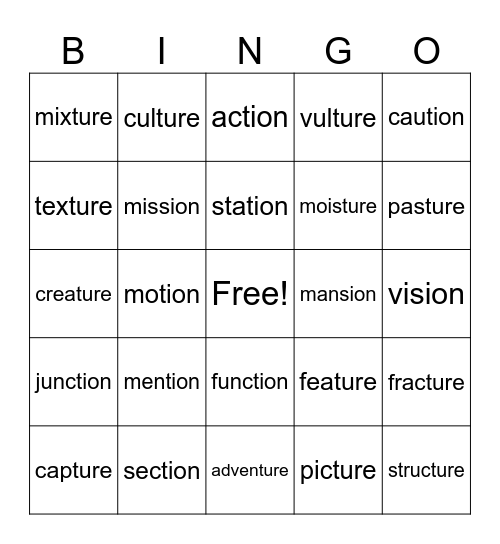 ture, tion, sion Bingo Card