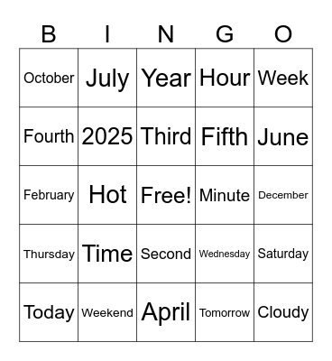 Time and Weather Bingo Card
