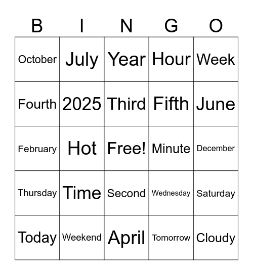 Time and Weather Bingo Card