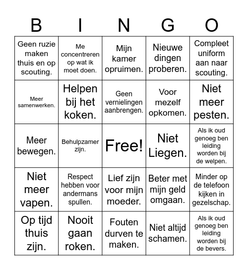 Goede Voornemens Bingo Card