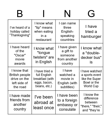 Cultural Diversity Bingo Card