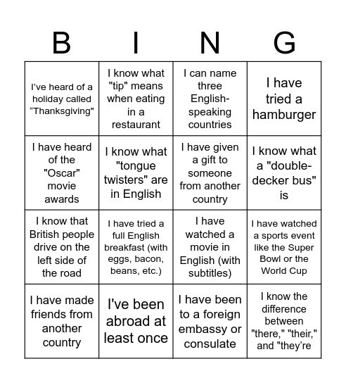 Cultural Diversity Bingo Card