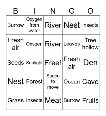 Animal Needs Bingo Card