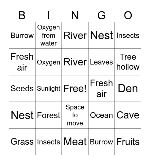 Animal Needs Bingo Card