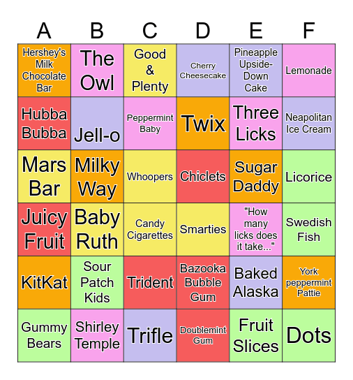 Candy Trivia Game Bingo Card