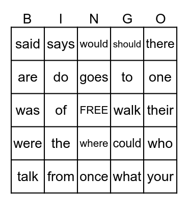 Heart Words 1 - 24 Bingo Card