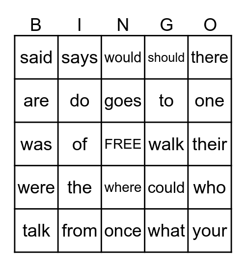 Heart Words 1 - 24 Bingo Card
