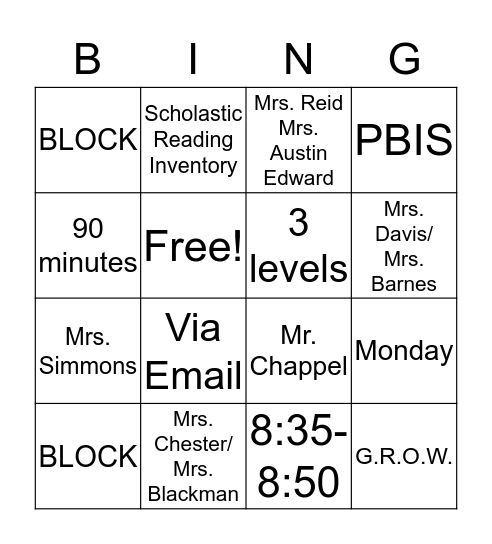 Eighth Grade  Bingo Card