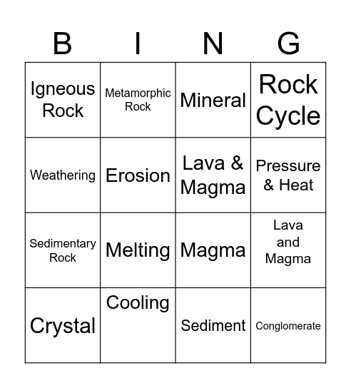 Rock Cycle Bingo Card