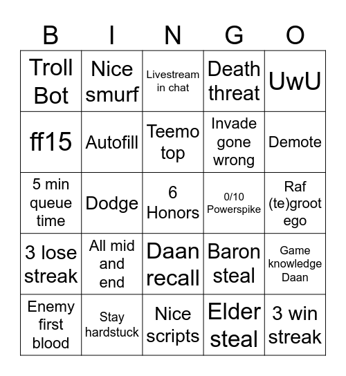 League Bingo Card