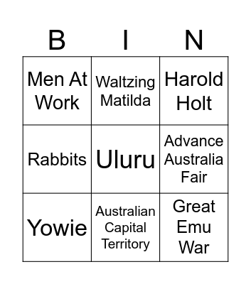 Australian quiz Bingo Card