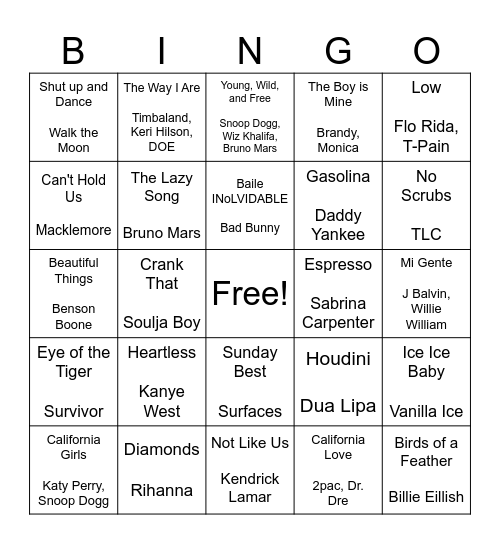 SINGO playlist 2 Bingo Card