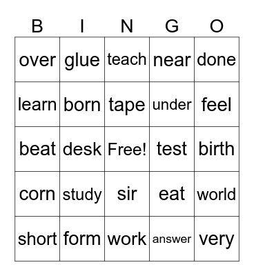 Spelling Bee Bingo Card