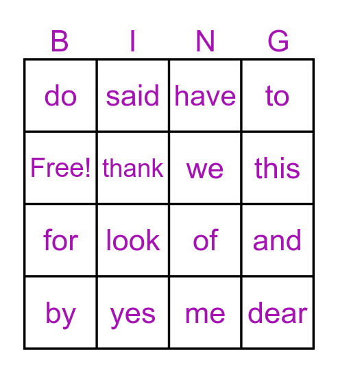 Purple Words Bingo Card