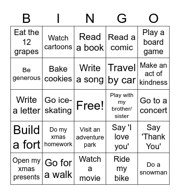 WINTER BREAK ACTIVITIES Bingo Card
