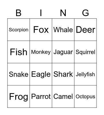 BINGO ANIMALS Bingo Card